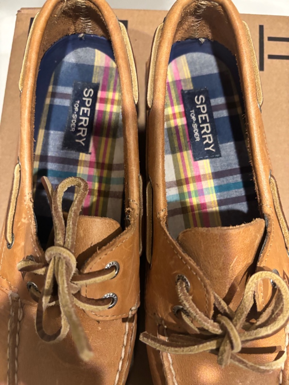 Sperry Women’s Chestnut Leather Boat Shoes with Plaid Liner - Picture 2 of 6